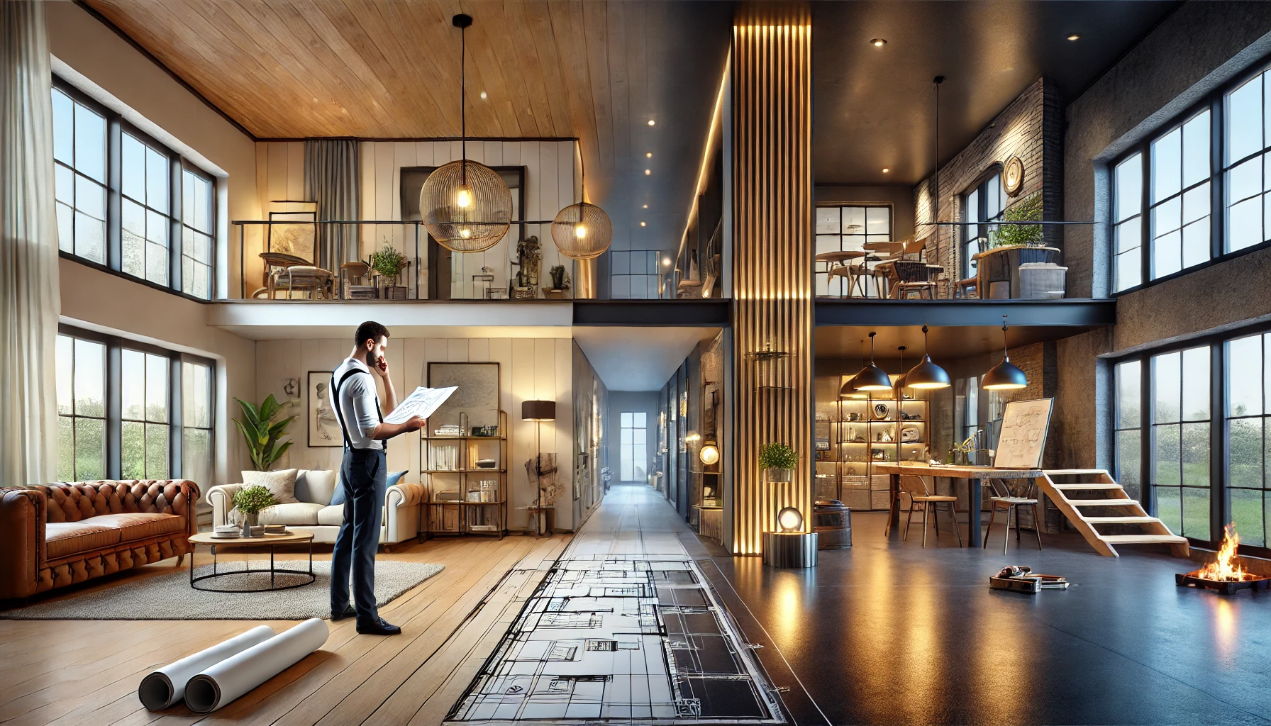 DALL·E 2025-01-08 22.32.29 – A wide-format image showcasing a beautifully renovated home and commercial space side by side. The home features modern flooring, stylish furniture, a