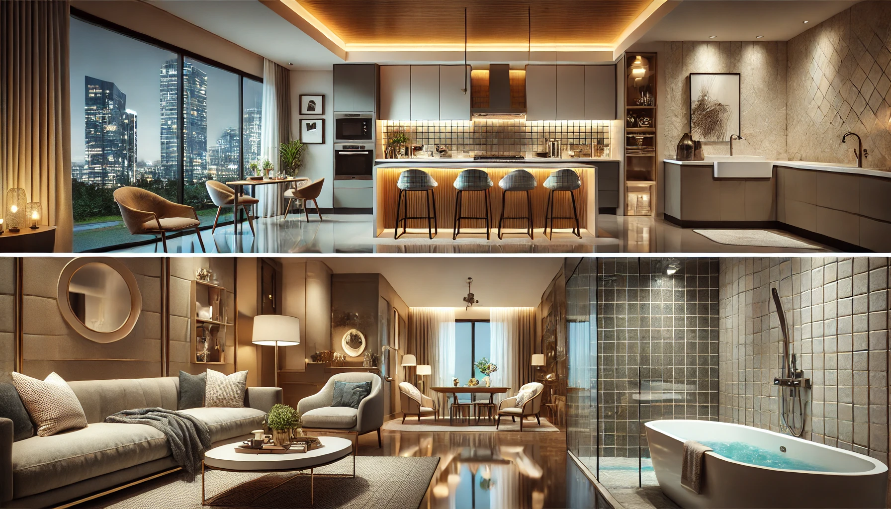 DALL·E 2025-01-08 22.34.30 – An image capturing a luxurious, modern home interior with a newly renovated kitchen and bathroom. The kitchen features sleek countertops, state-of-the