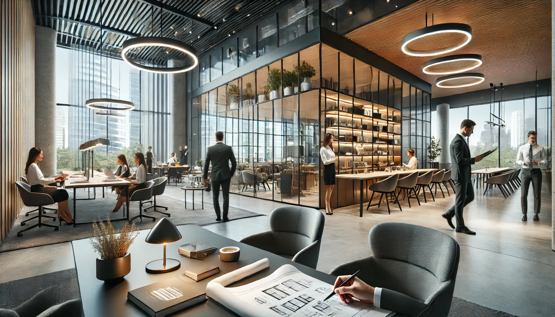 DALL·E 2025-01-08 22.37.51 – A sleek and modern commercial space showcasing an office, retail area, and a restaurant. The office features ergonomic furniture, glass partitions, an